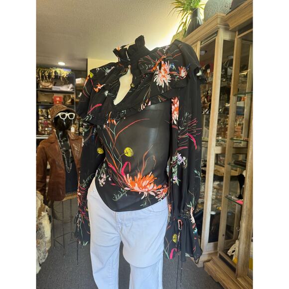 H&M Sheer Black Floral Fluttersleeve Highneck Top - Picture 4 of 5